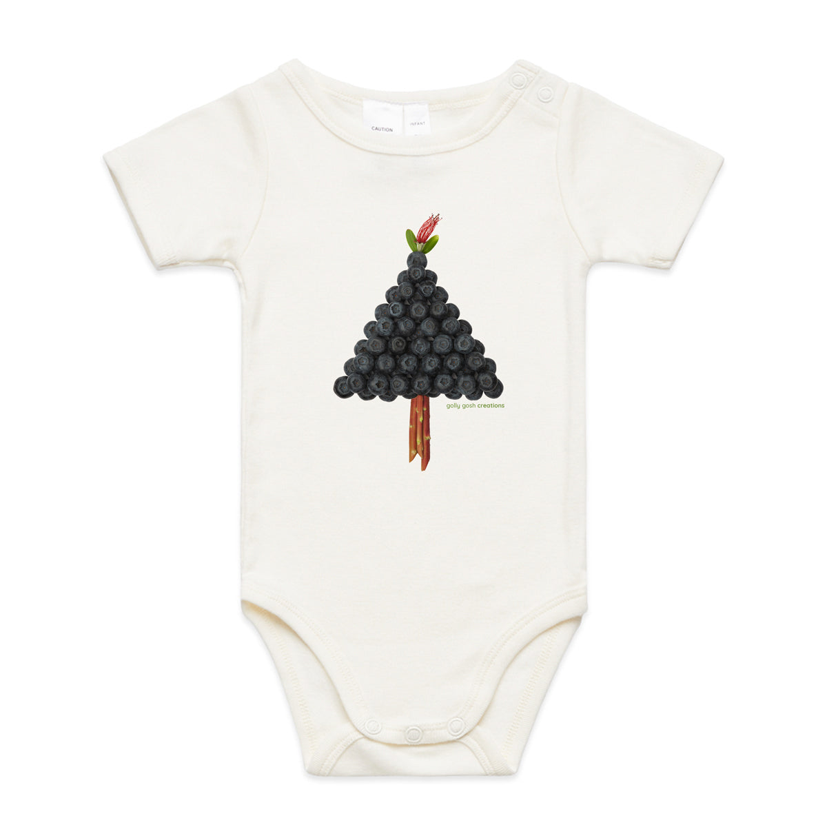A cute blueberry tree babygrow by Golly Gosh Creations. This organic cotton garment comes in sizes 0 - 24 months. Colour natural. Crafted from blueberries.
