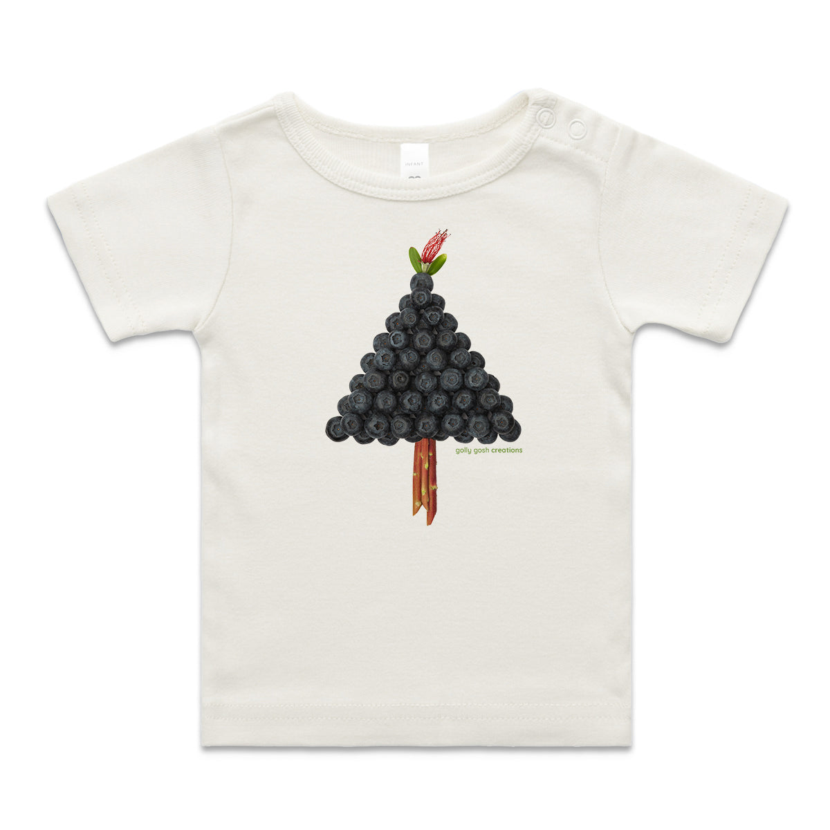 A blueberry tree wee tee from Golly Gosh Creations. This organic cotton garment comes in sizes 0 - 24 months. Colour natural. Crafted from fresh blueberries.