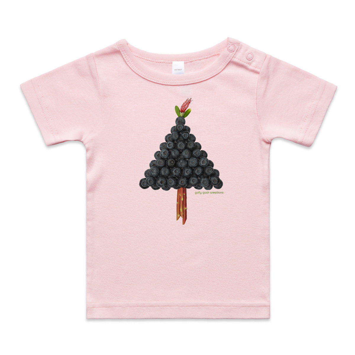 A blueberry tree wee tee from Golly Gosh Creations. This organic cotton garment comes in sizes 0 - 24 months. Colour pink. Crafted from fresh blueberries.