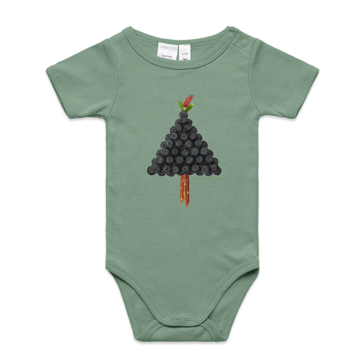 A cute blueberry tree babygrow by Golly Gosh Creations. A quality sage cotton garment available from 0 - 24 months. Created from fresh blueberries.
