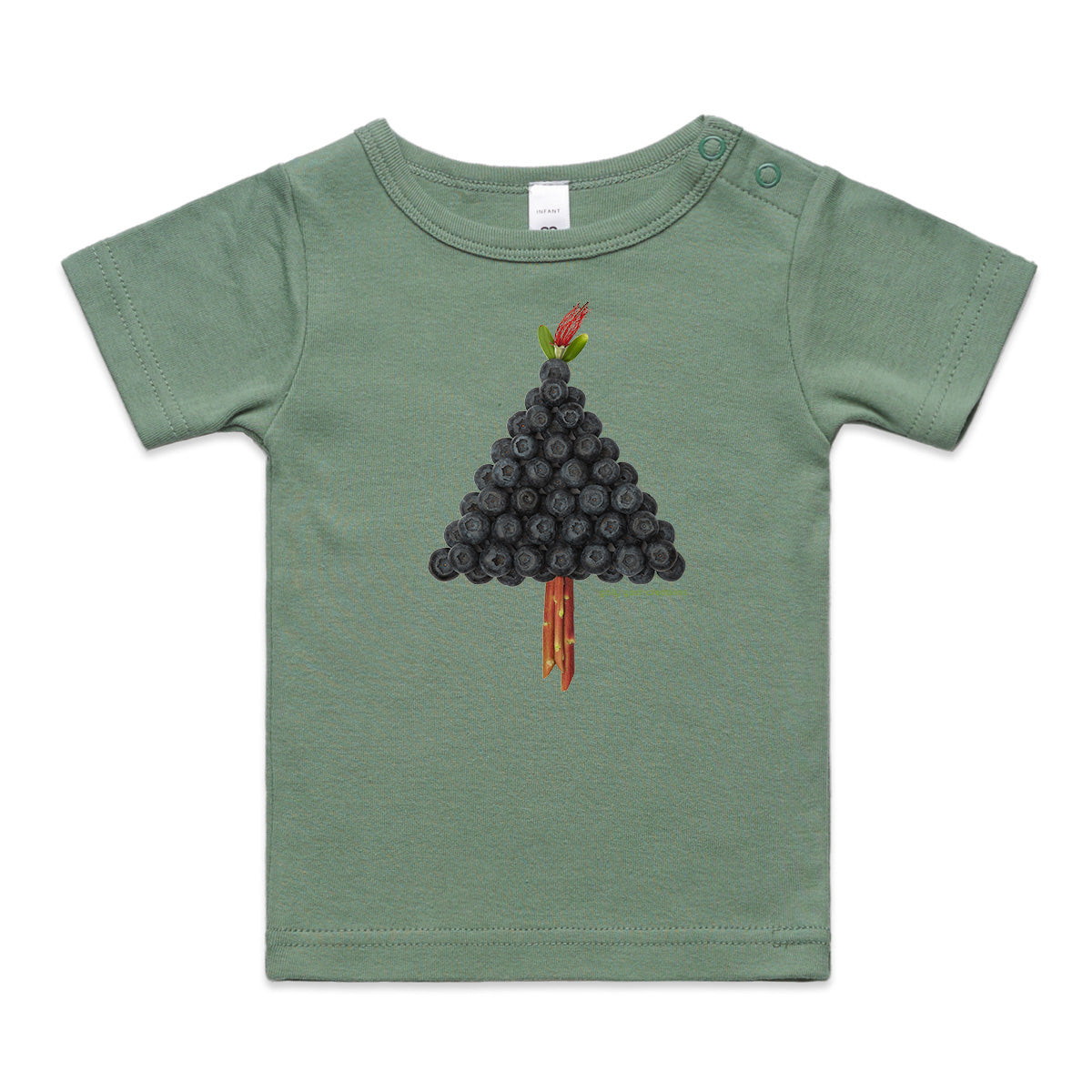 A blueberry tree wee tee from Golly Gosh Creations. This organic cotton garment comes in sizes 0 - 24 months. Colour sage. Crafted from fresh blueberries.