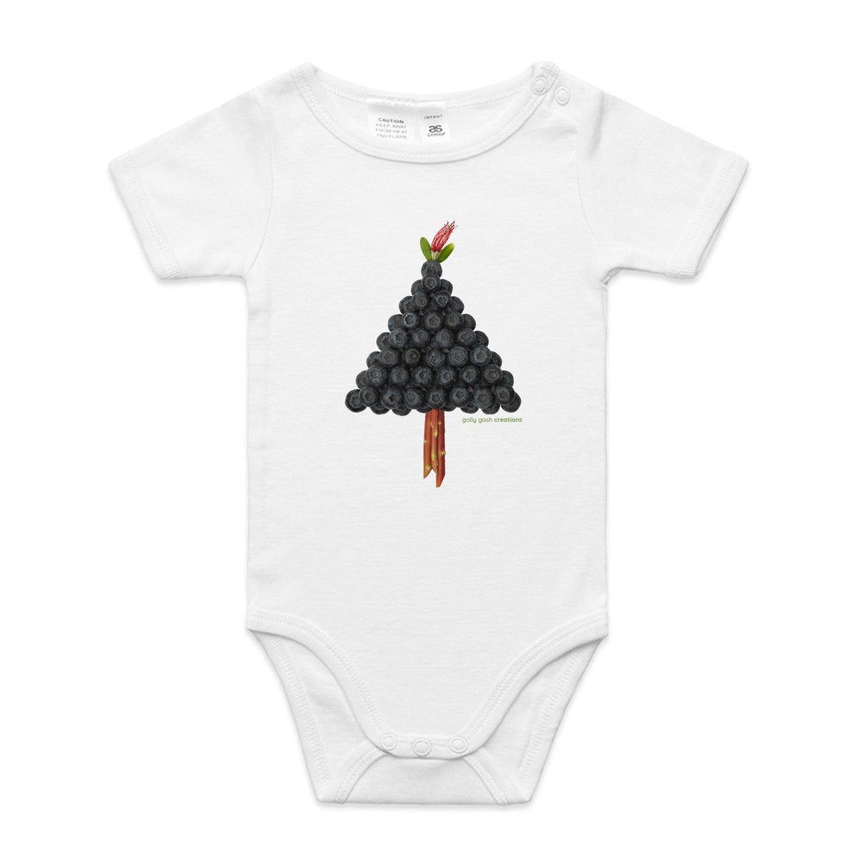 A cute blueberry tree babygrow from Golly Gosh Creations. A quality white cotton garment available from 0 - 24 months. Created from fresh blueberries.