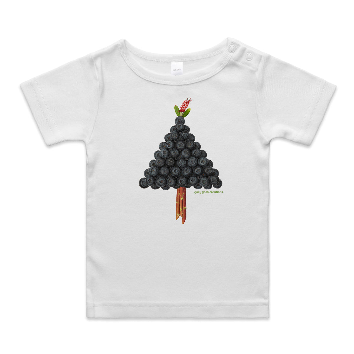 A blueberry tree wee tee rom Golly Gosh Creations. This organic cotton garment comes in sizes 0 - 24 months. Colour white. Crafted from fresh blueberries.