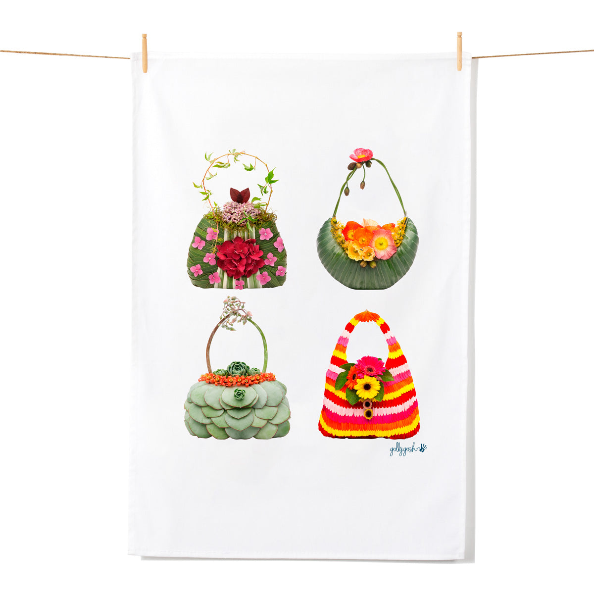 Set of colorful handbags with floral designs on a white background