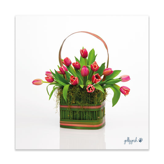 A pretty box of tulips fine art print from Golly Gosh Creations. An arrangement of fresh pink tulips in a box crafted from fresh stems. Three sizes available.