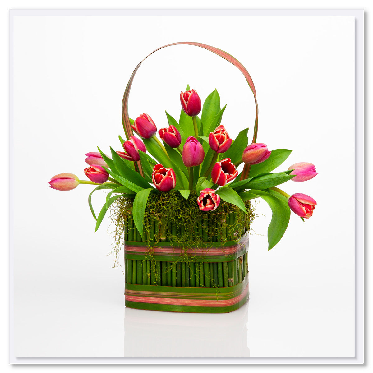 Pretty pink tulips arranged in a handcrafted floral box with a white background. This quality greeting card is found at Golly gosh Creations.