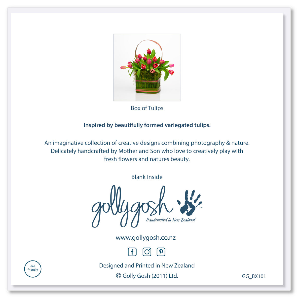 Back cover of our pretty pink tulips in a carry box greeting card. From Golly Gosh Creations. Size 142 x 142mm. 