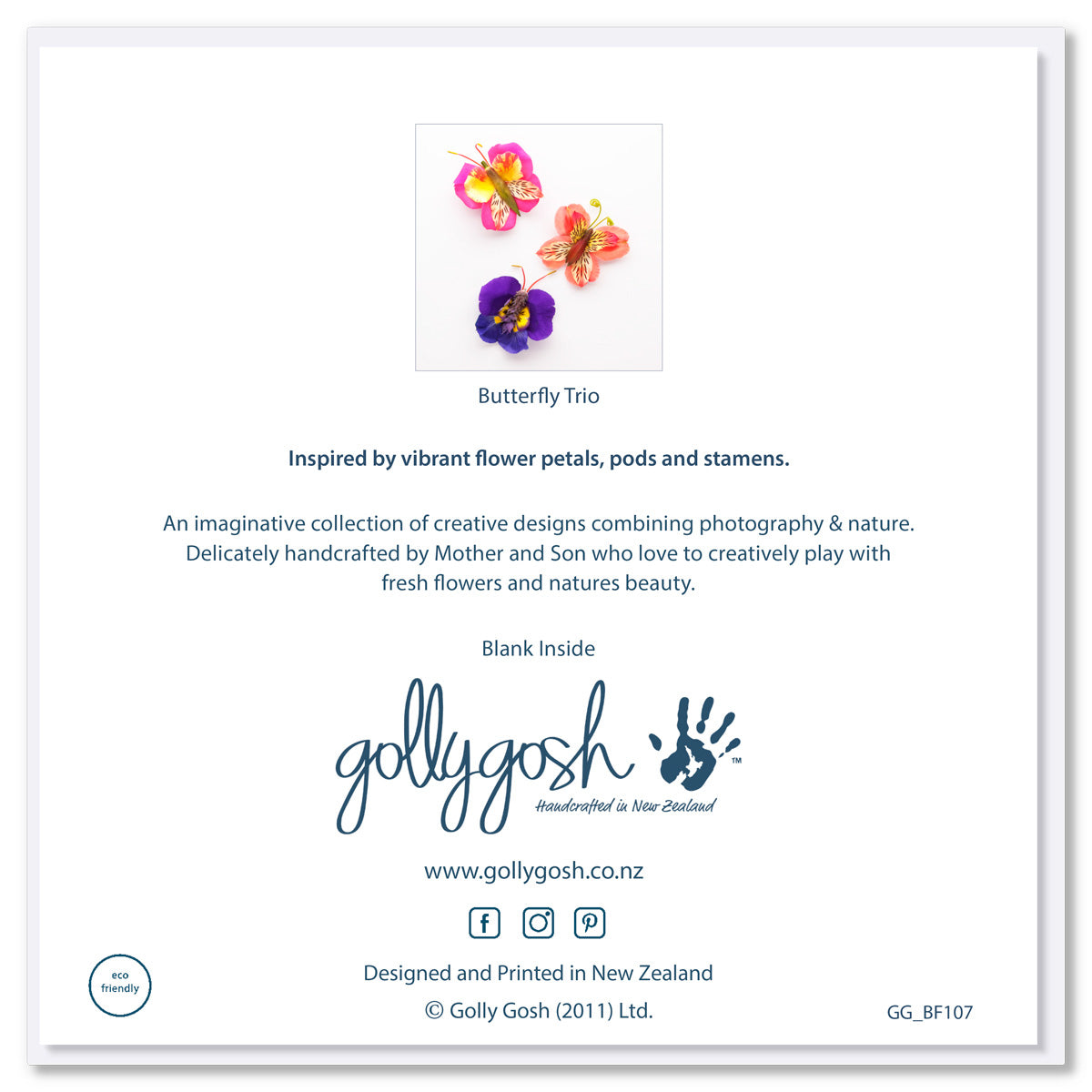 Back of a quality greeting card from Golly Gosh Creations. Size 142 x 142 mm. This colourful trio of butterflies is handcrafted from fresh flower petals.