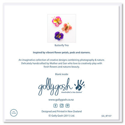 Back of a quality greeting card from Golly Gosh Creations. Size 142 x 142 mm. This colourful trio of butterflies is handcrafted from fresh flower petals.