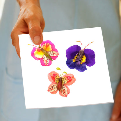 A persons hand holding this colourful trio of butterflies which is handcrafted from fresh flower petals on a white background. A quality greeting card from Golly Gosh Creations. Size 142 x 142 mm