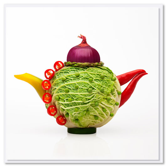 A fun cabbage teapot greeting card from Golly gosh Creations. Design created from fresh cabbage leaves, with a red onion lid and chilli pepper spout on a white background.