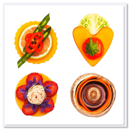 These elegant canapés  are adorned with handcrafted fruit, vegetables, and delicate flowers on a white background. A quality square greeting card found at Golly Gosh Creations.