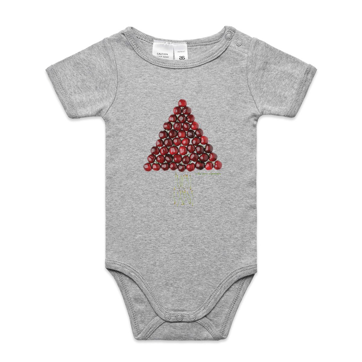 A cute cherry christmas tree babygrow from Golly Gosh Creations. A quality grey cotton garment available from 0 - 24 months. Created from fresh cherries.