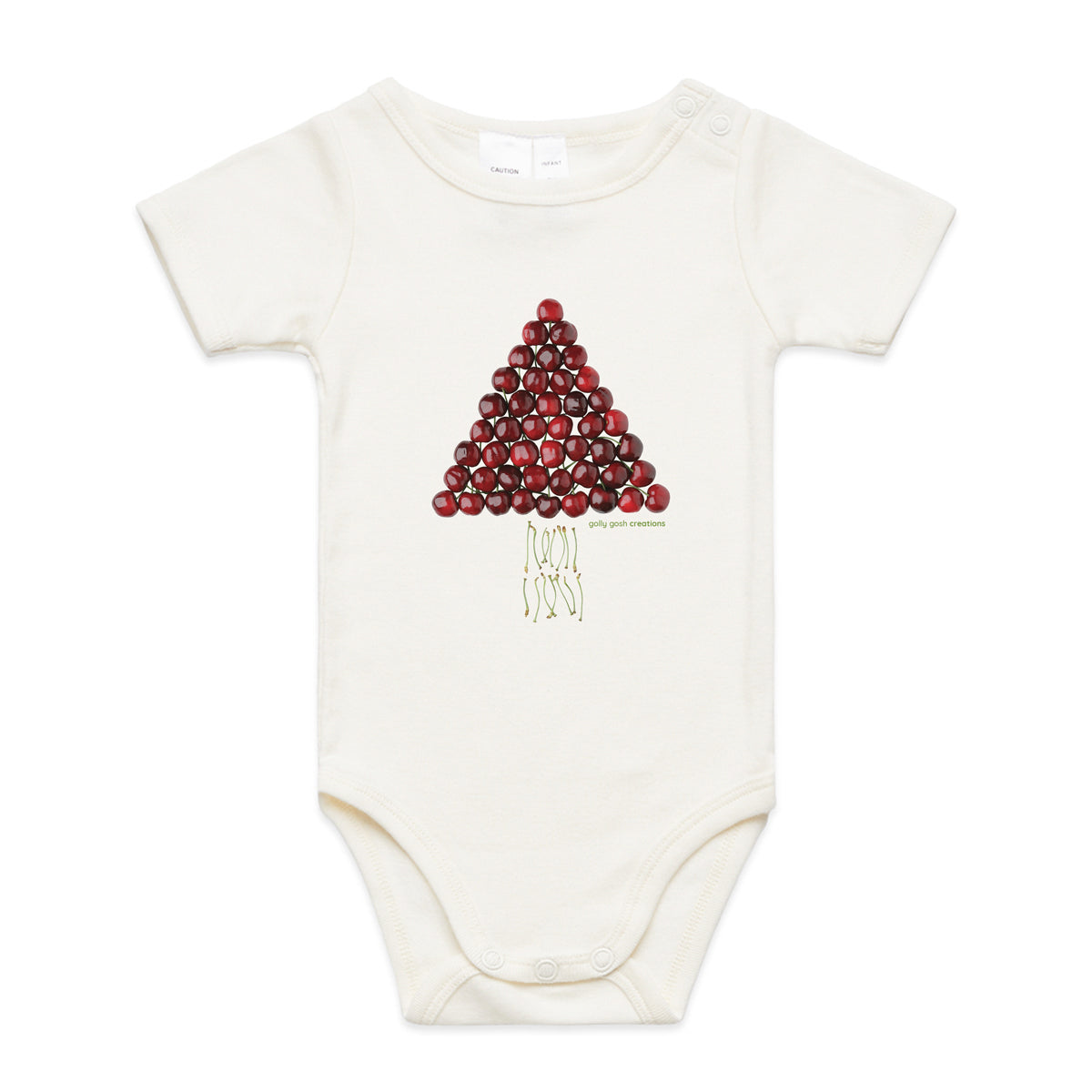 A cute cherry christmas tree babygrow from Golly Gosh Creations. A quality natural cotton garment available from 0 - 24 months. Created from fresh cherries.