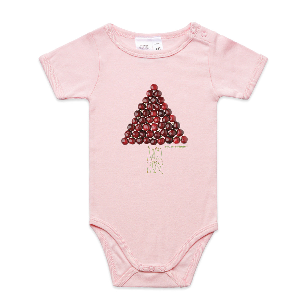 A cute cherry christmas tree babygrow from Golly Gosh Creations. A quality pink cotton garment available from 0 - 24 months. Created from fresh cherries.