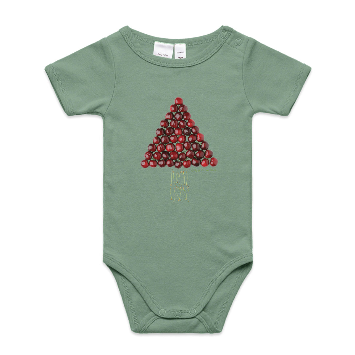 A cute cherry christmas tree babygrow from Golly Gosh Creations. Colour sage. A quality cotton garment available from 0 - 24 months. Created from cherries.