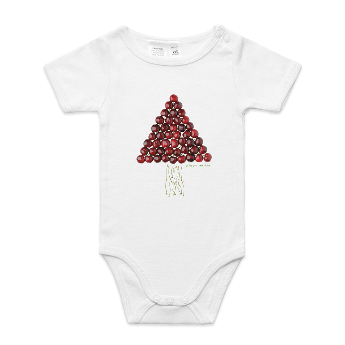 A cute cherry christmas tree babygrow by Golly Gosh Creations. Created from fresh cherries. A quality white cotton garment available from 0 - 24 months. 