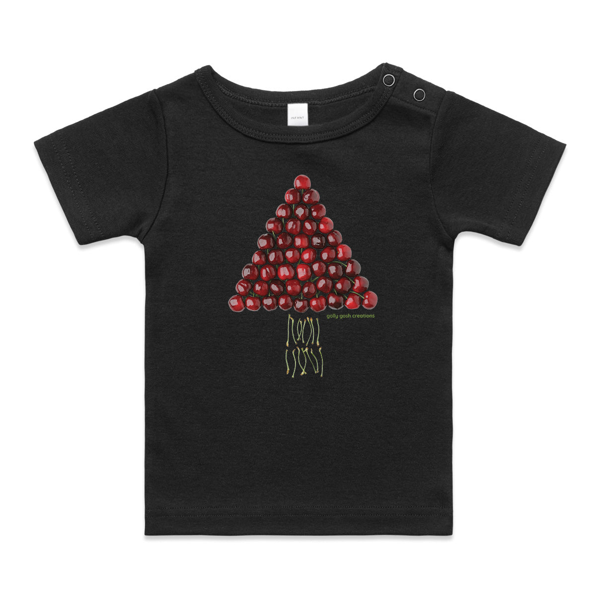 A fun christmas cherry tree wee tee from Golly Gosh Creations. Crafted from fresh cherries. A quality black cotton garment available from 0 - 24 months.