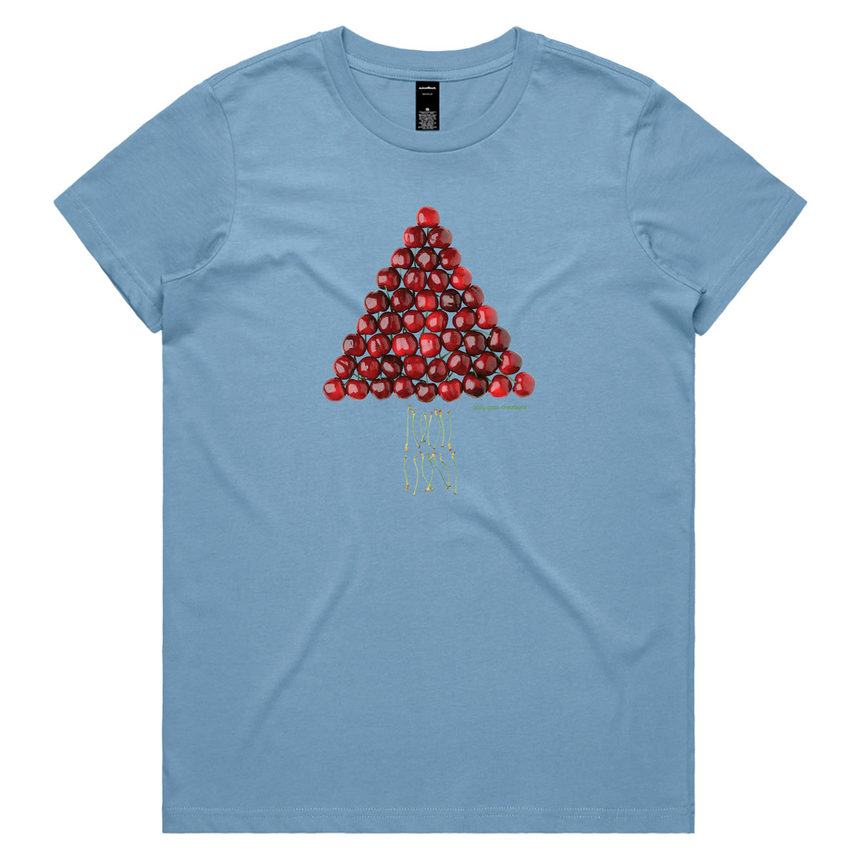 A Christmas cherry tree soft blue woman's tee shirt from Golly Gosh Creations. Sizes XS - 2XL. A fun creation crafted from fresh cherries. Quality cotton.