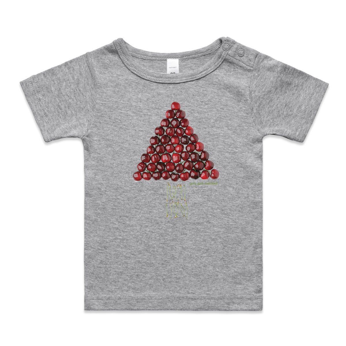 A fun cherry christmas tree wee tee from Golly Gosh Creations. Crafted from fresh cherries. A quality grey cotton garment available from 0 - 24 months.
