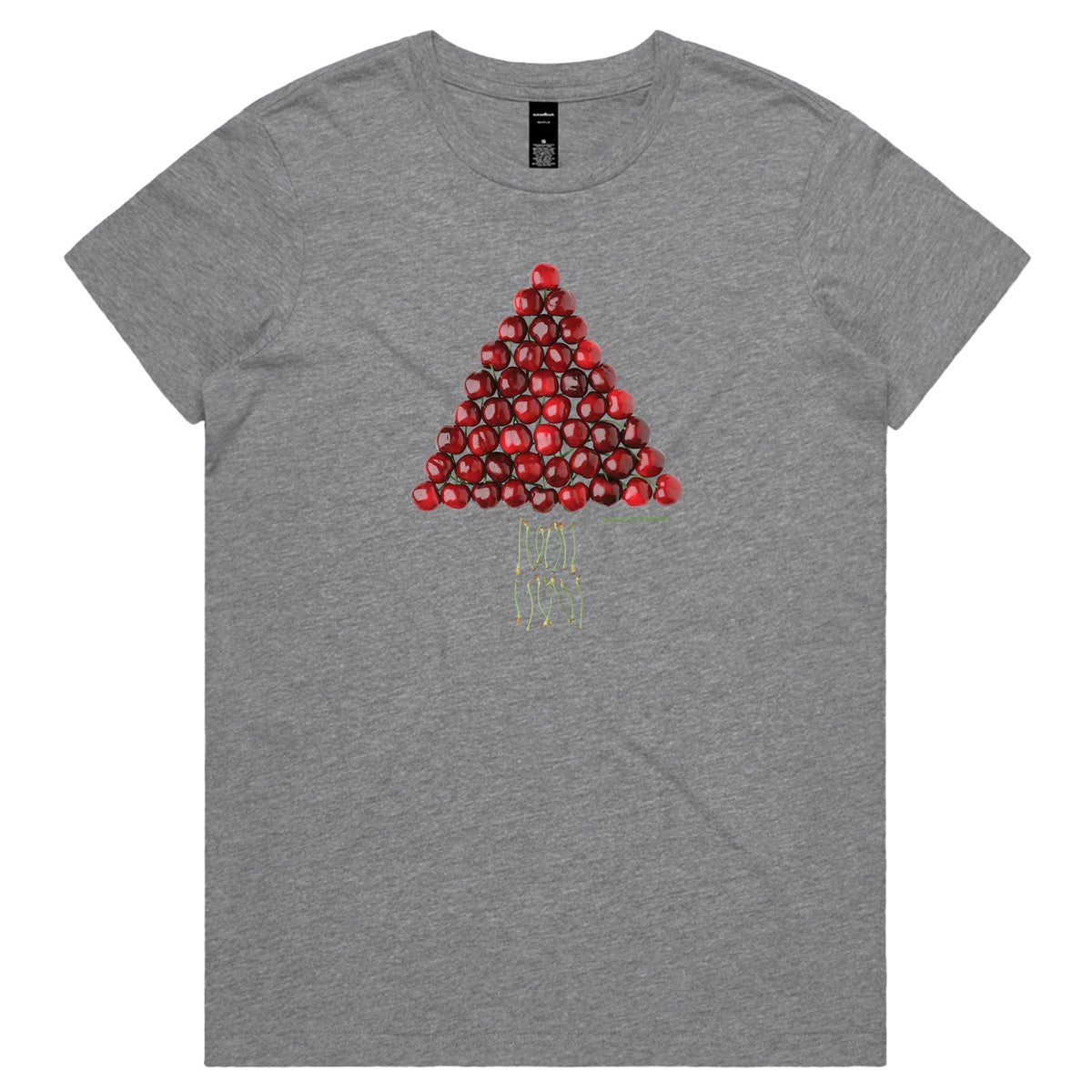 A Christmas cherry tree grey woman's tee shirt from Golly Gosh Creations. Sizes XS - 2XL. A fun creation crafted from fresh cherries. Quality cotton.