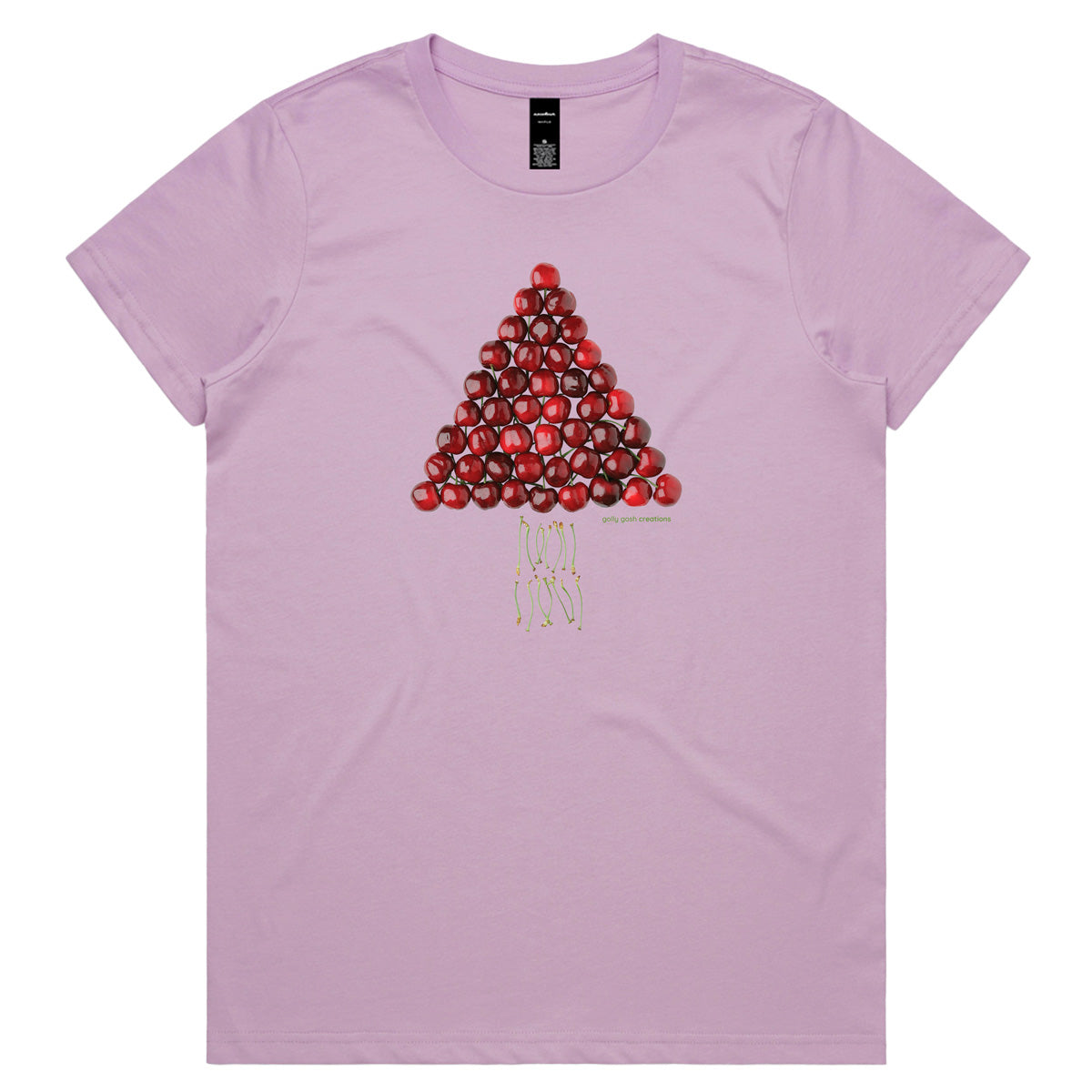 A Christmas cherry tree lavender woman's tee shirt from Golly Gosh Creations. Sizes XS - 2XL. A fun creation crafted from fresh cherries. Quality cotton.