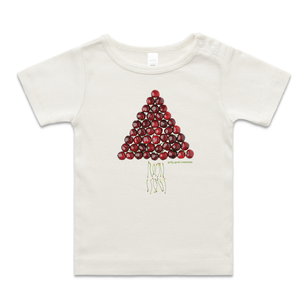 A fun cherry christmas tree wee tee from Golly Gosh Creations. Crafted from fresh cherries. A quality natural cotton garment available from 0 - 24 months.