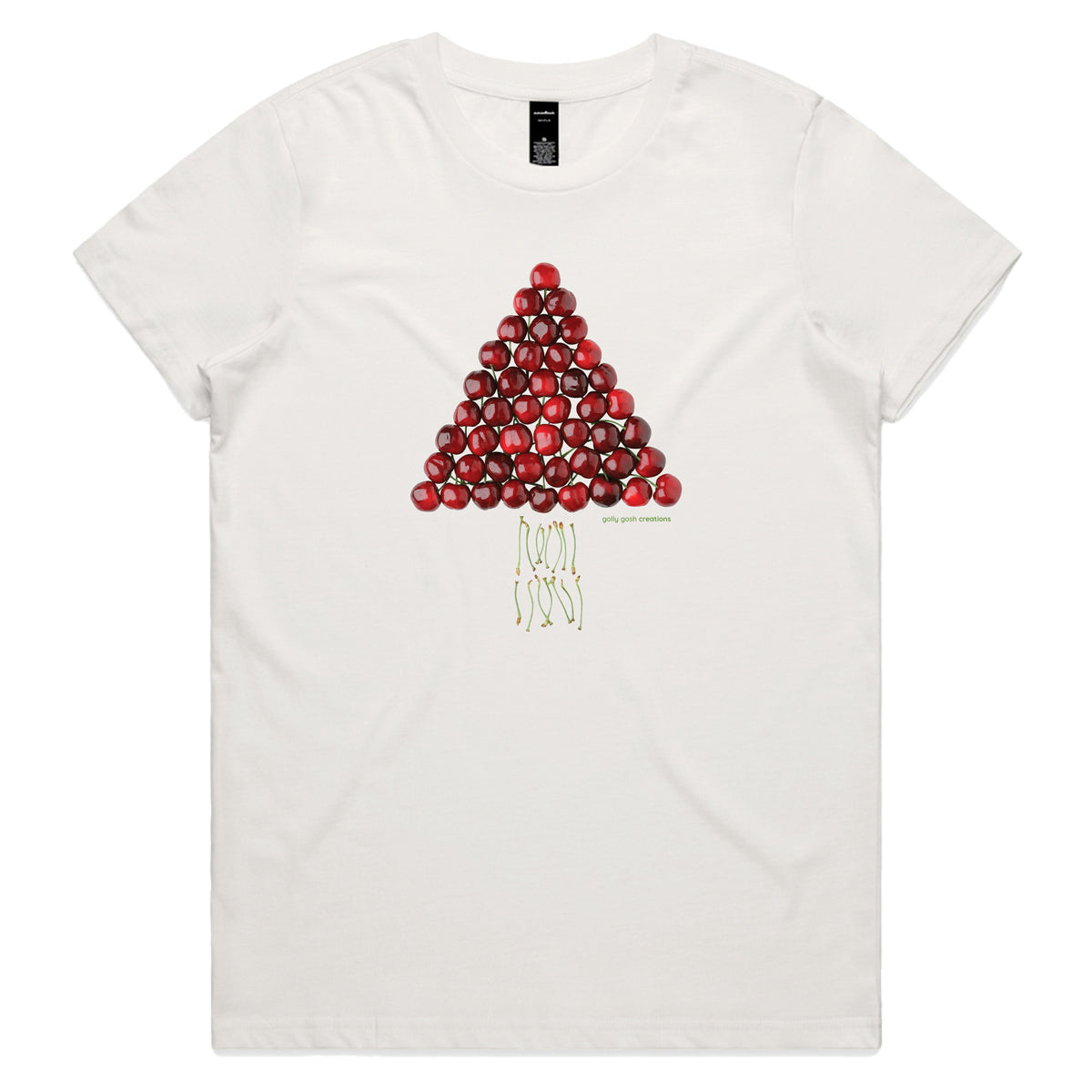 A Christmas cherry tree natural woman's tee shirt from Golly Gosh Creations. Sizes XS - 2XL. A fun creation crafted from fresh cherries. Quality cotton.