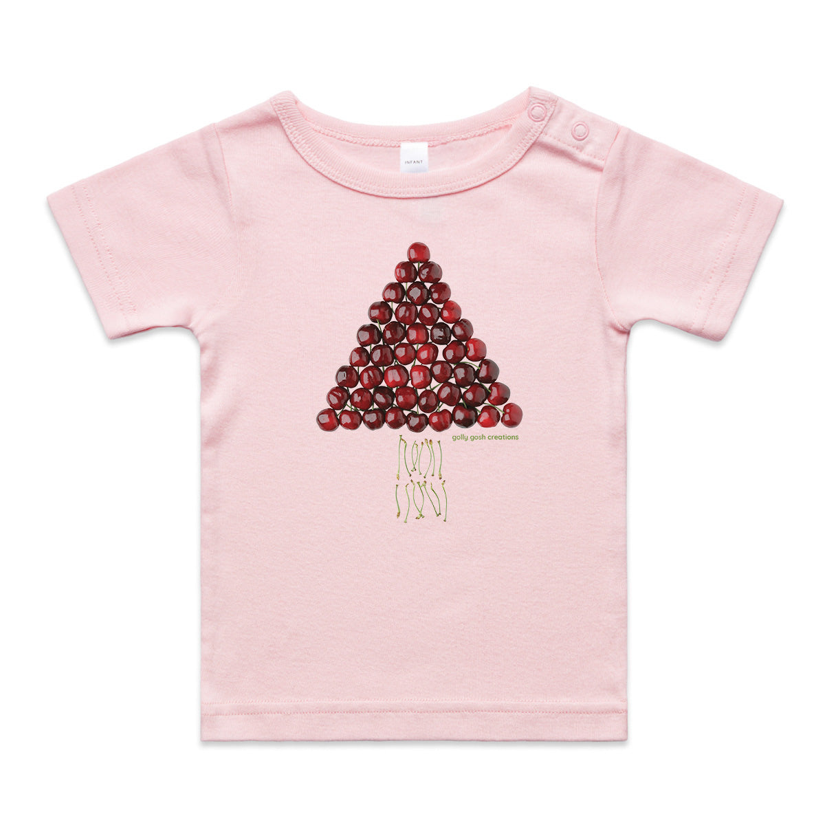 A fun christmas cherry tree wee tee from Golly Gosh Creations. Crafted from fresh cherries. A quality pink cotton garment available from 0 - 24 months.