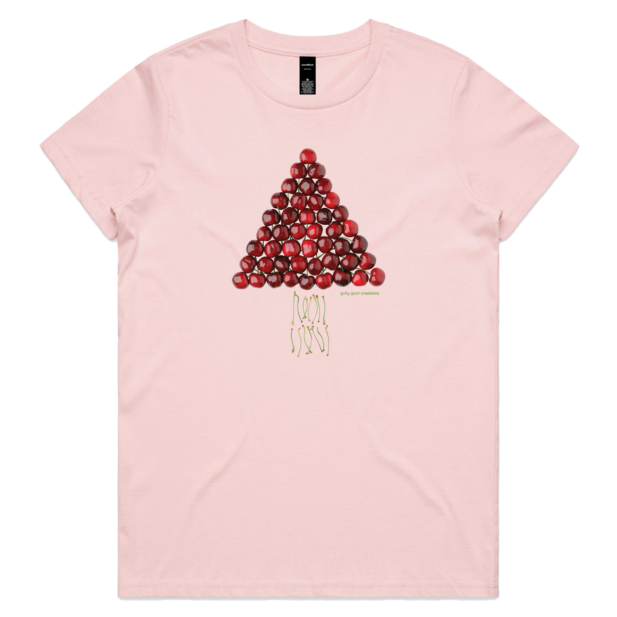 A Christmas cherry tree soft pink woman's tee shirt from Golly Gosh Creations. Sizes XS - 2XL. A fun creation crafted from fresh cherries. Quality cotton.