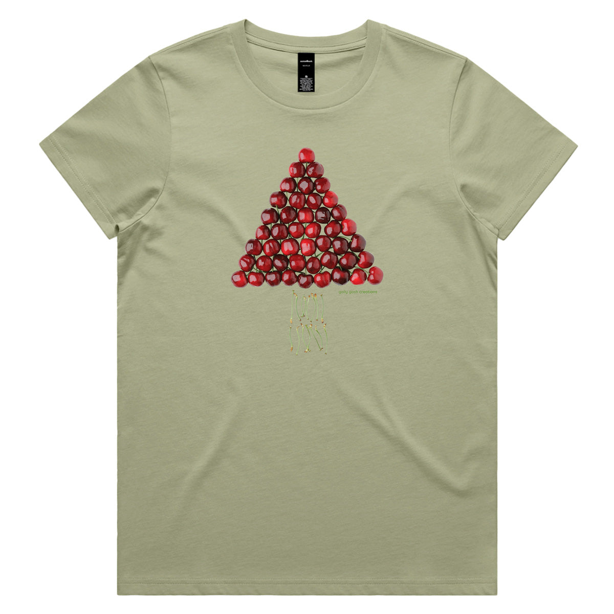 A Christmas cherry tree pistachio woman's tee shirt from Golly Gosh Creations. Sizes XS - 2XL. A fun creation crafted from fresh cherries. Quality cotton.