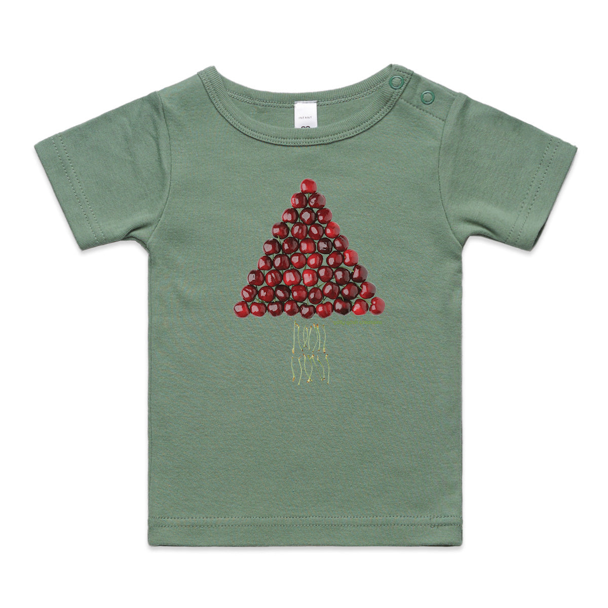 A fun christmas cherry tree wee tee from Golly Gosh Creations. Crafted from fresh cherries. A quality sage cotton garment available from 0 - 24 months.