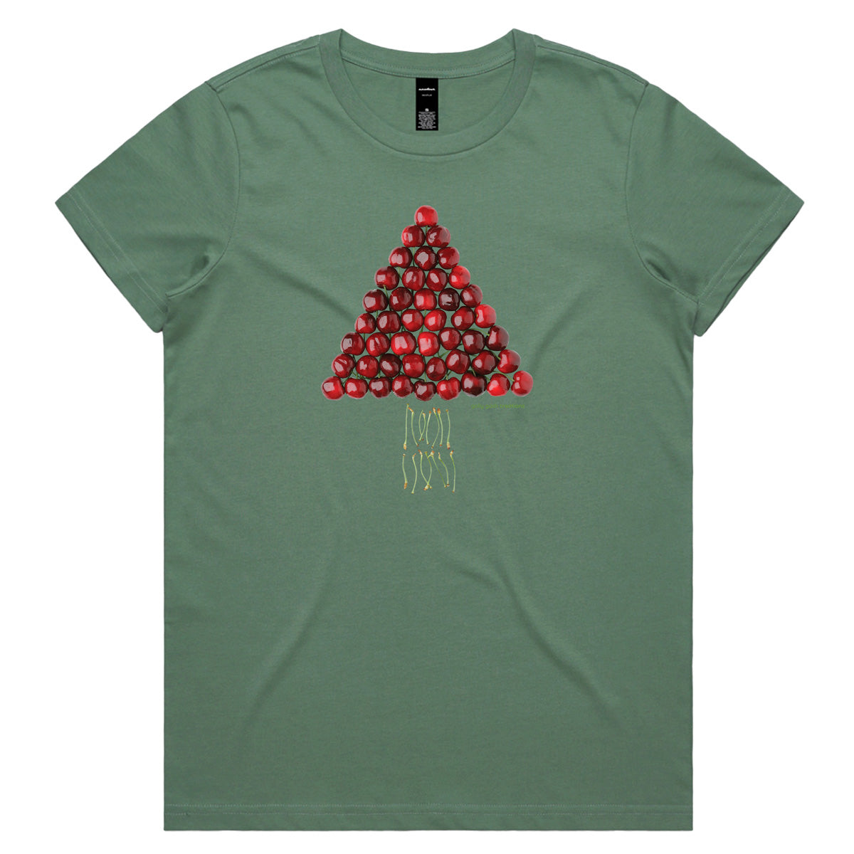 A Christmas cherry tree sage woman's tee shirt from Golly Gosh Creations. Sizes XS - 2XL. A fun creation crafted from fresh cherries. Quality cotton.