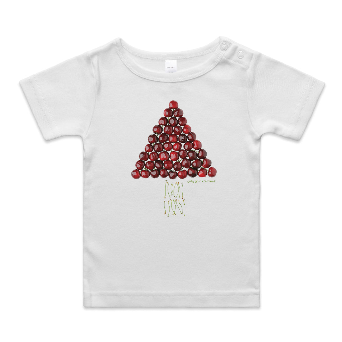 A fun christmas cherry tree wee tee from Golly Gosh Creations. Crafted from fresh cherries. A quality white cotton garment available from 0 - 24 months.