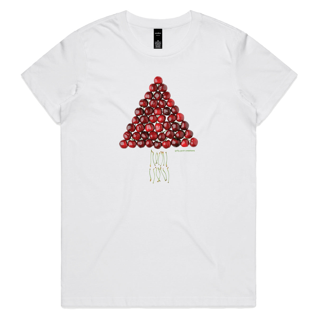 A Christmas cherry tree white woman's tee shirt from Golly Gosh Creations. Sizes XS - 2XL. A fun creation crafted from fresh cherries. Quality cotton.