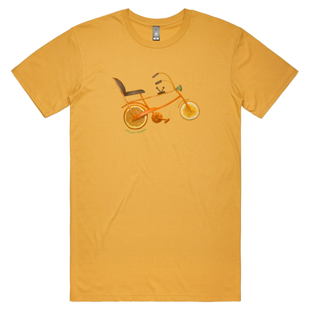 A chopper bike mustard coloured men's tee shirt from Golly Gosh Creations. Handcrafted from fresh oranges and kiwi fruit. Sizes S - 5XL. Quality cotton.