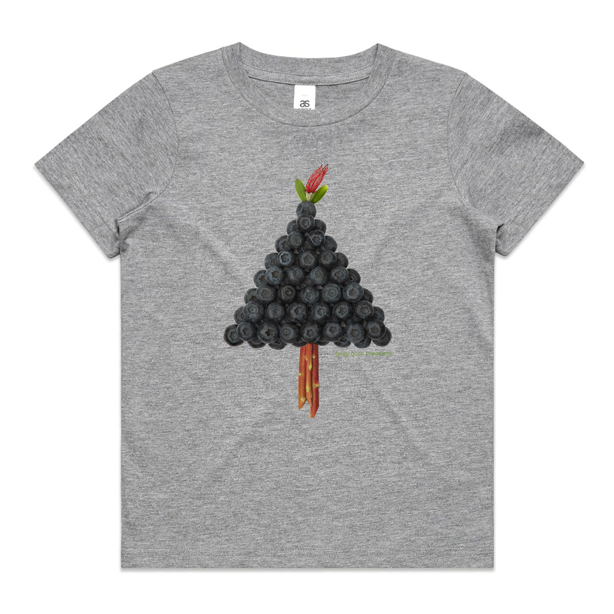 A grey Christmas blueberry tree kids tee shirt from Golly Gosh Creations. Size 2 - 16 years. Handcrafted from fresh berries. fruit. A quality cotton garment.