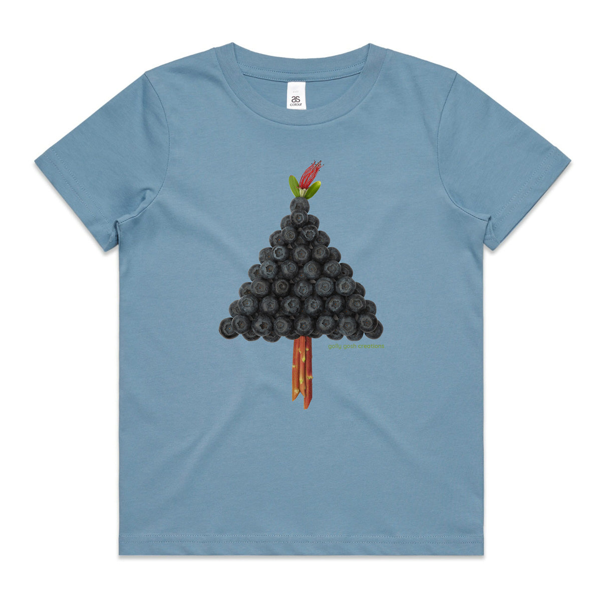 A soft blue Christmas blueberry tree kids tee shirt from Golly Gosh Creations. Size 2 - 16 years. Handcrafted from fresh berries. fruit. A quality cotton garment.