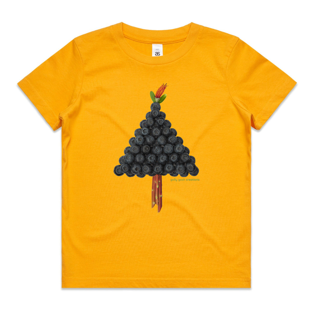 A yellow Christmas blueberry tree kids tee shirt from Golly Gosh Creations. Size 2 - 16 years. Handcrafted from fresh berries. fruit. A quality cotton garment.
