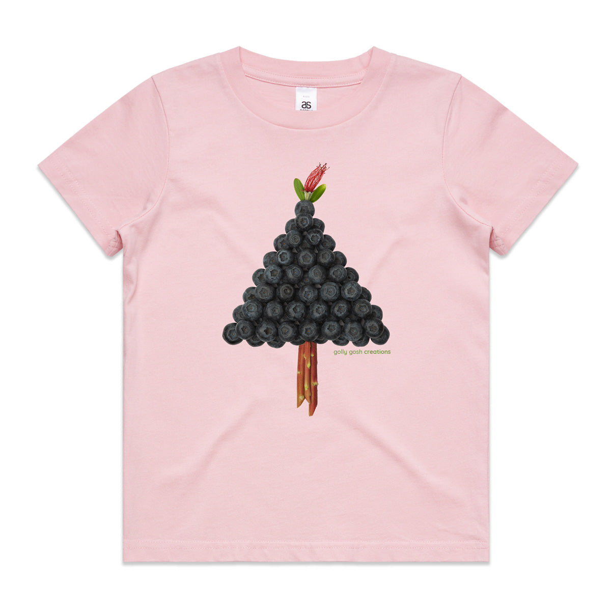 A soft pink Christmas blueberry tree kids tee shirt from Golly Gosh Creations. Size 2 - 16 years. Handcrafted from fresh berries. fruit. A quality cotton garment.