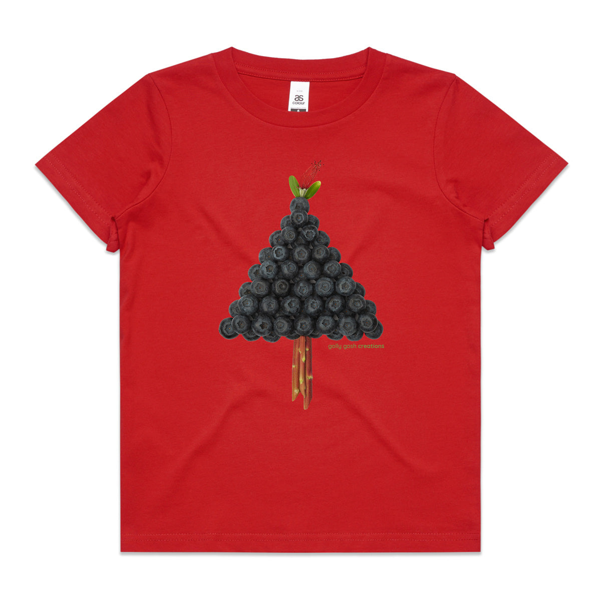 A red Christmas blueberry tree kids tee shirt from Golly Gosh Creations. Size 2 - 16 years. Handcrafted from fresh berries. fruit. A quality cotton garment.