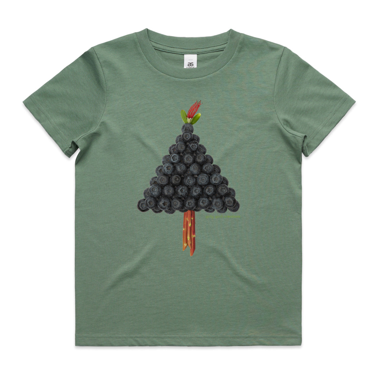 A sage Christmas blueberry tree kids tee shirt from Golly Gosh Creations. Size 2 - 16 years. Handcrafted from fresh berries. fruit. A quality cotton garment.