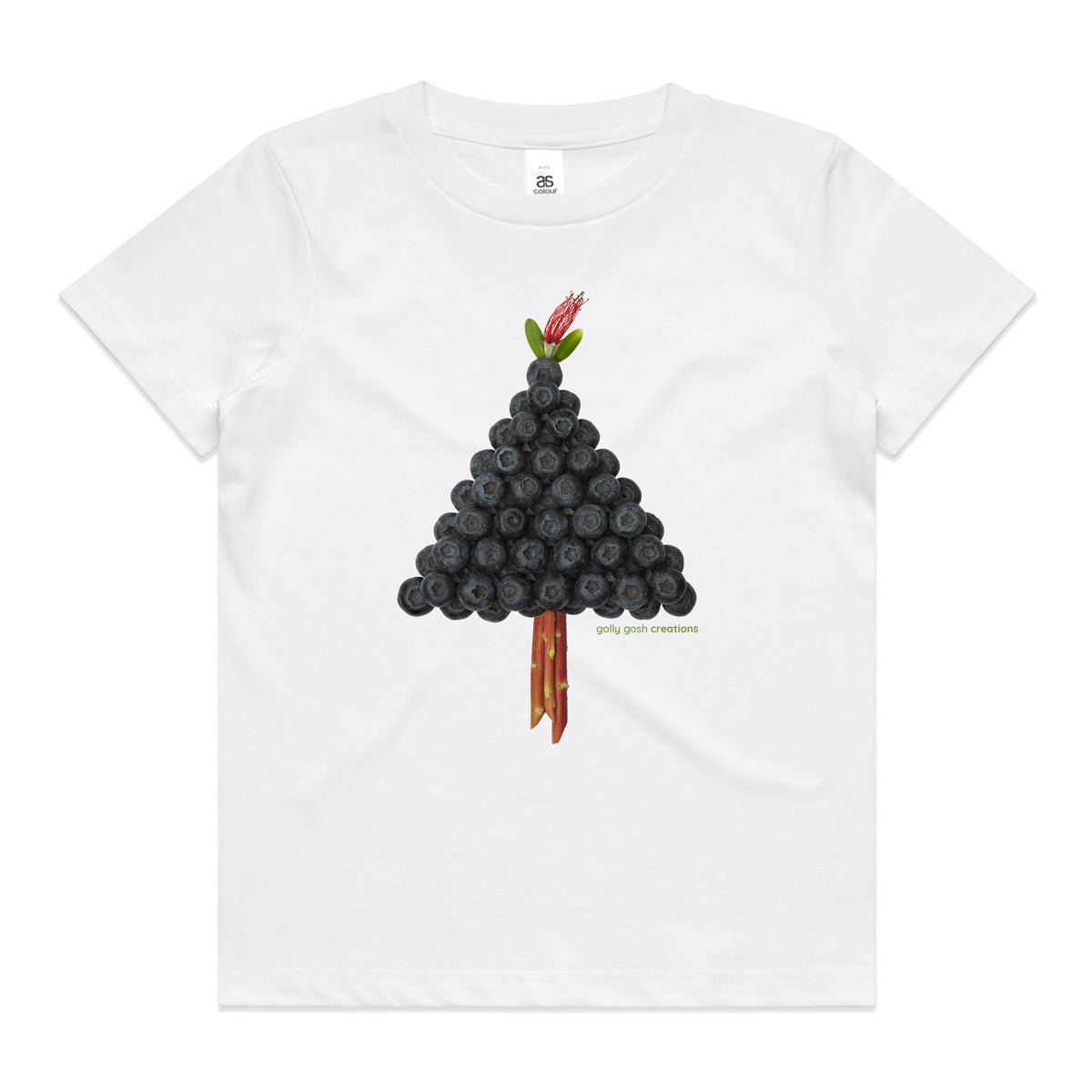 A white Christmas blueberry tree kids tee shirt from Golly Gosh Creations. Size 2 - 16 years. Handcrafted from fresh berries. fruit. A quality cotton garment.