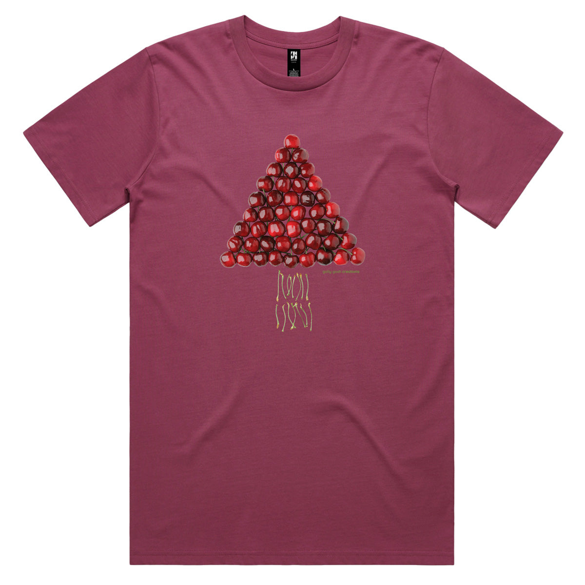 A Christmas cherry tree men's tee shirt from Golly Gosh Creations. Crafted from fresh cherries. Sizes S - 5XL. A quality cotton berry coloured tee shirt.