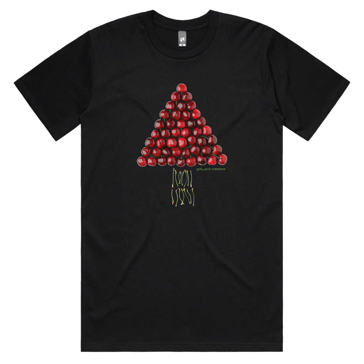 A Christmas cherry tree men's tee shirt from Golly Gosh Creations. Crafted from fresh cherries. Sizes S - 5XL. A quality cotton black tee shirt.