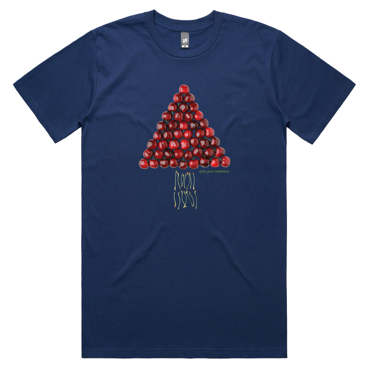 A Christmas cherry tree men's tee shirt from Golly Gosh Creations. Crafted from fresh cherries. Sizes S - 5XL. A quality cotton dark blue tee shirt.