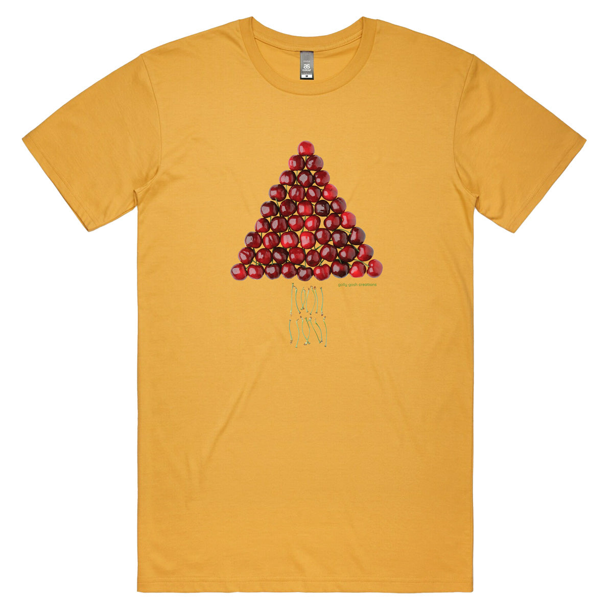 A Christmas cherry tree men's tee shirt from Golly Gosh Creations. Crafted from fresh cherries. Sizes S - 5XL. A quality cotton mustard coloured tee shirt.