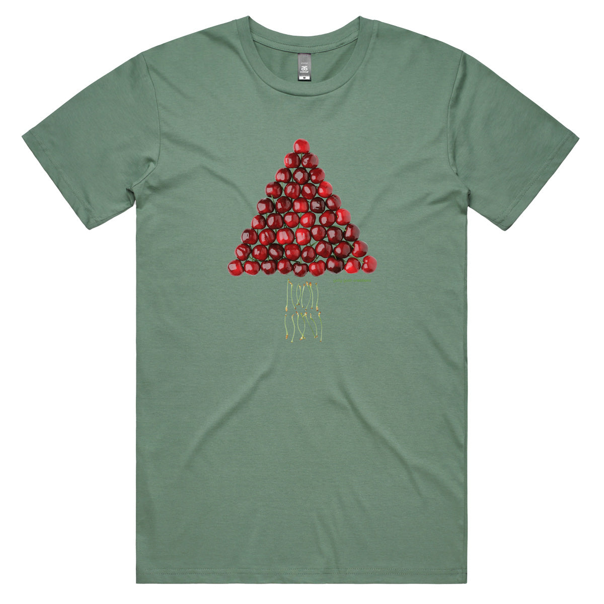 A Christmas cherry tree men's tee shirt from Golly Gosh Creations. Crafted from fresh cherries. Sizes S - 5XL. A quality cotton sage coloured tee shirt.