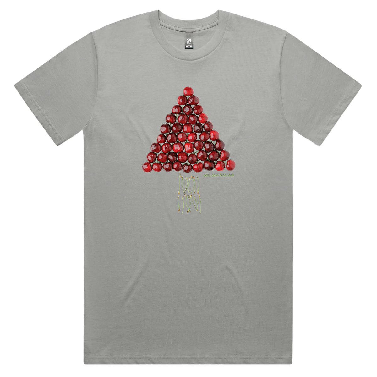 A Christmas cherry tree men's tee shirt from Golly Gosh Creations. Crafted from fresh cherries. Sizes S - 5XL. A quality cotton grey tee shirt.