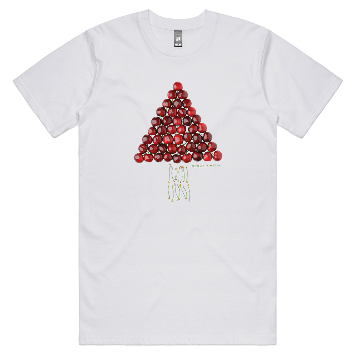 A Christmas cherry tree men's tee shirt from Golly Gosh Creations. Crafted from fresh cherries. Sizes S - 5XL. A quality cotton white tee shirt.